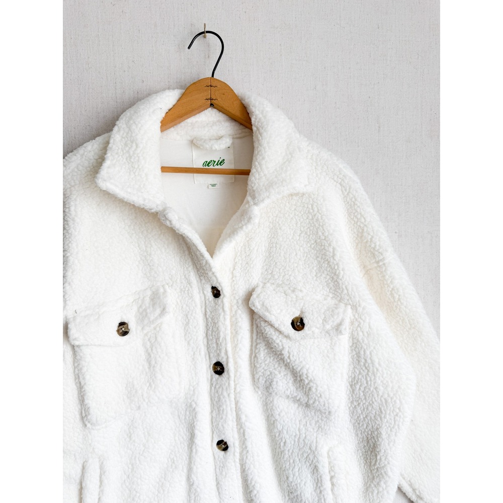 Aerie Womens Cream White Sherpa Fleece Button Up Shacket Jacket Large L/G - Picture 3 of 4